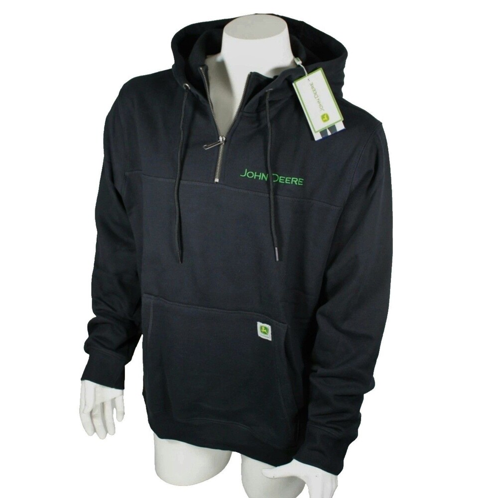 John Deere Men's L Quarter Zip Hoodie Cotton Rich Heavyweight Embroidered Black - Picture 2 of 11